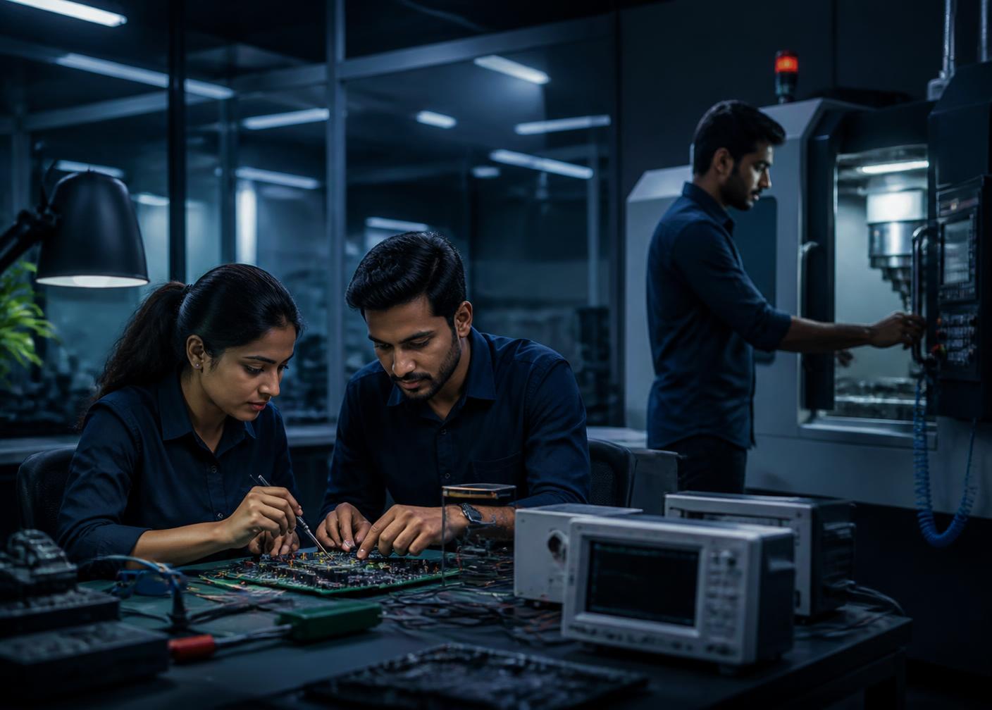 Engineers assembling embedded electronics beside a CNC machine in an Indian R&D lab