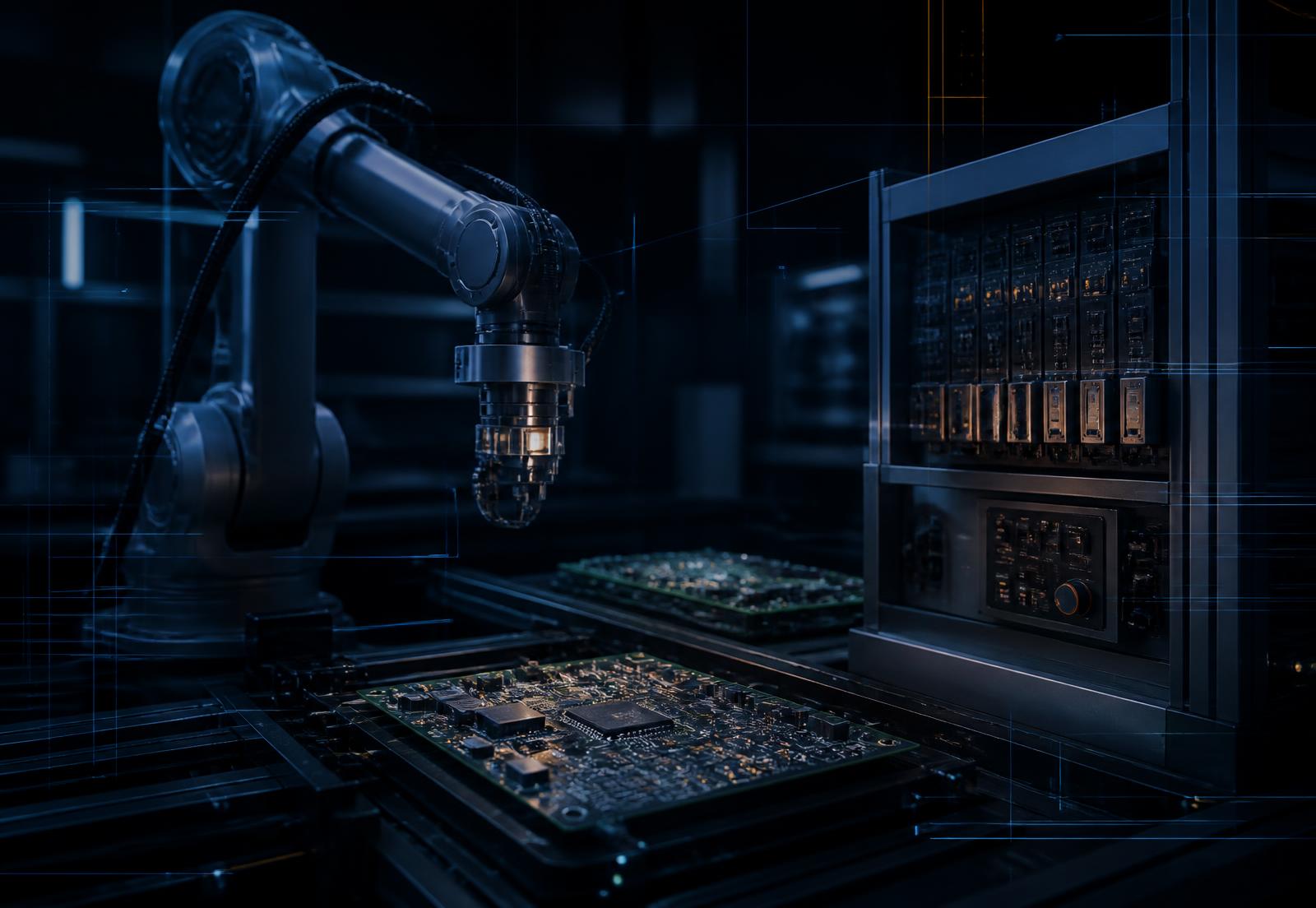 Robotic arm, printed circuit boards and an industrial control panel in an engineering lab